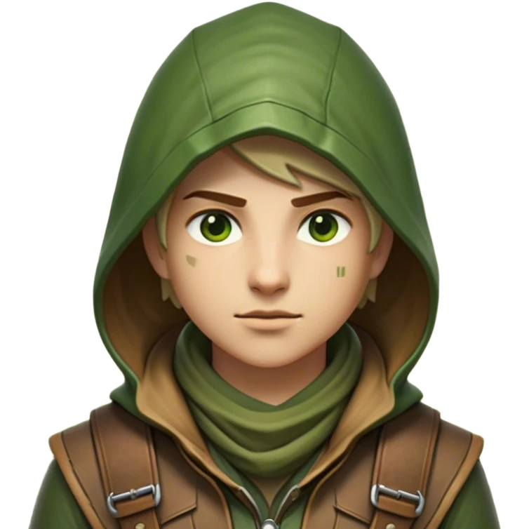 Clash of Clans aesthetic friendly Ranger Portrait Emoji, With a lean, agile build clad in earth-toned leather and green accents, a keen, focused gaze and a weathered hood shadowing determined eyes, his face rendered in a natural skin tone (not yellow), Simplified yet sharply defined features, highly detailed, glowing with a soft, natural woodland radiance, high shine, intelligent and resolute, stylized with an air of forest guardian authority, focused and alert, soft glowing outline, capturing the essence of a confident ranger ready to defend the wild with stealth and valor! emoji