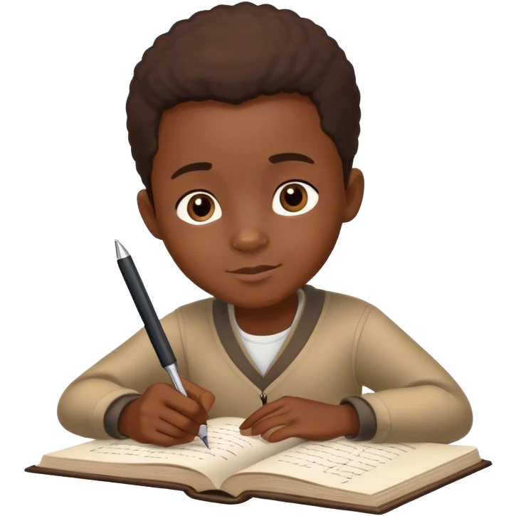 African boy student with brown skin writing with book and pen emoji
