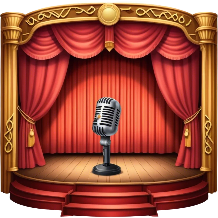 Icon for 50s American Musical Theater: a retro stage with neon lights, a classic microphone, musical notes, vintage theater curtains, and Broadway-style elements. Avoid focusing solely on the piano. Transparent background. emoji