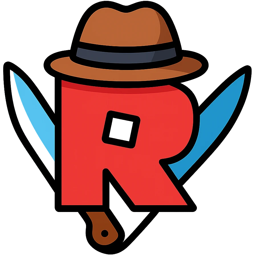 Roblox Murder Mystery logo with stylized R, knife and detective hat, color outline style emoji