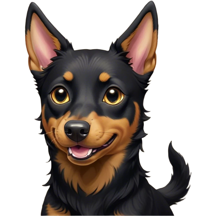 Cinematic Comical Black and Tan Kelpie Portrait Emoji, Head tilted dramatically with an exaggeratedly amused expression, featuring a striking black Fur with bold tan patches, wide, expressive dark eyes filled with playful disbelief, Simplified yet hilariously expressive features, highly detailed, glowing with a slightly sassy glow, high shine, dramatic yet playful, stylized with an air of cheeky mischief, bright and endearing, soft glowing outline, capturing the essence of a spirited and over-the-top herder, so meme-worthy it feels like it could side-eye its way into internet fame instantly! emoji