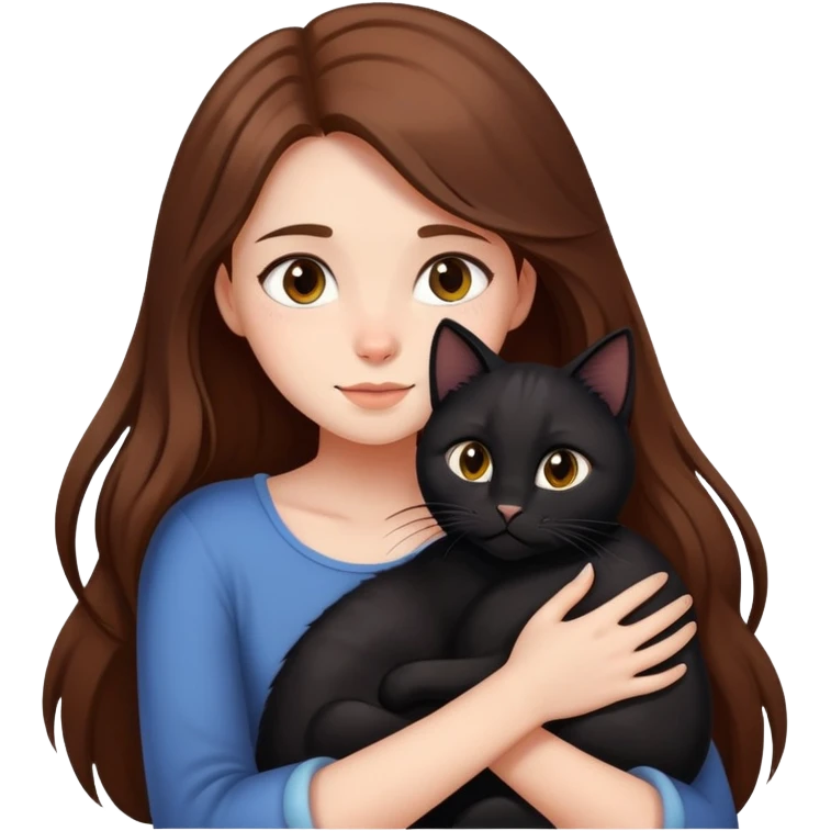 A girl with long brown hair hugs a black cat tightly emoji
