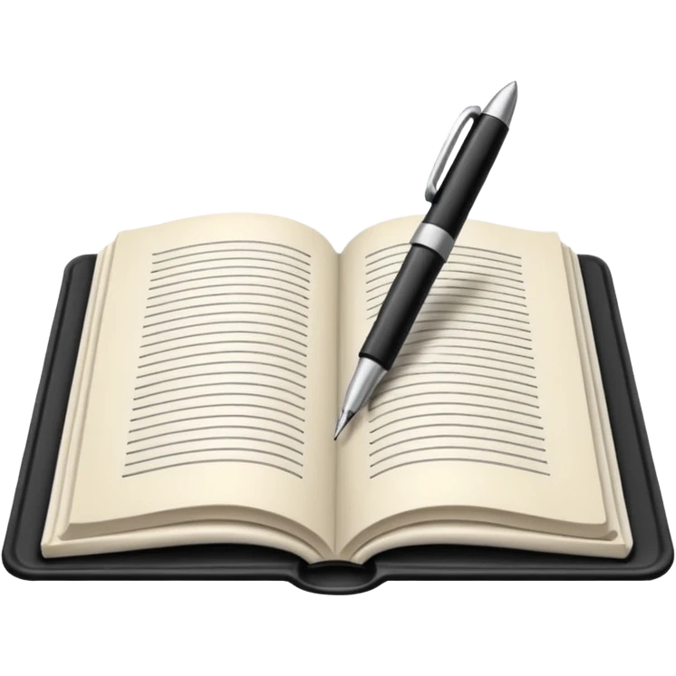 "A white open book,The pen should be positioned as placed exactly in the center between the pages.  if held by a right-handed person - meaning the direction is reversed compared to a left-handed grip. The pen should be uncapped, and the cap placed behind it." emoji