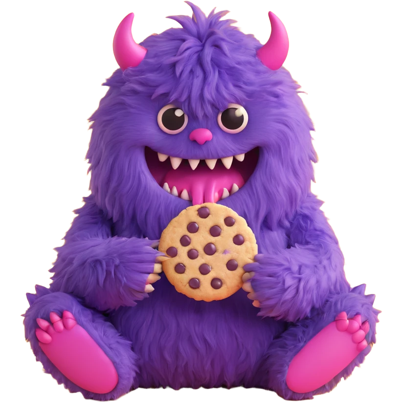 round extra cute purple fluffy monster eating a cookie emoji