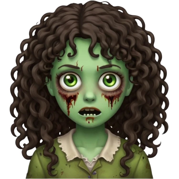 Emoji garota zombie com cabelo castanho escuro cacheado longo com franja cacheada emoji