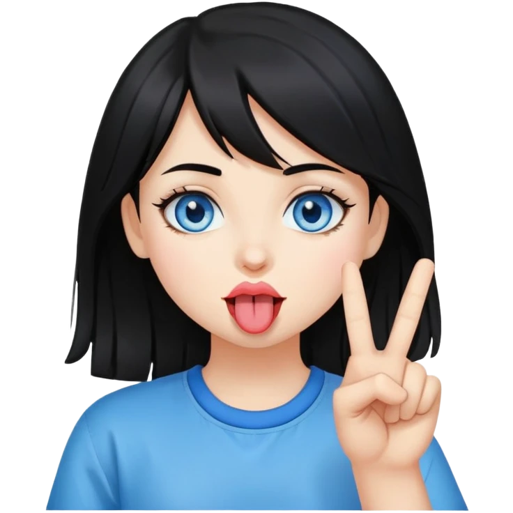 Girl with black hair and blue eyes holding the peace sign under her tounge emoji