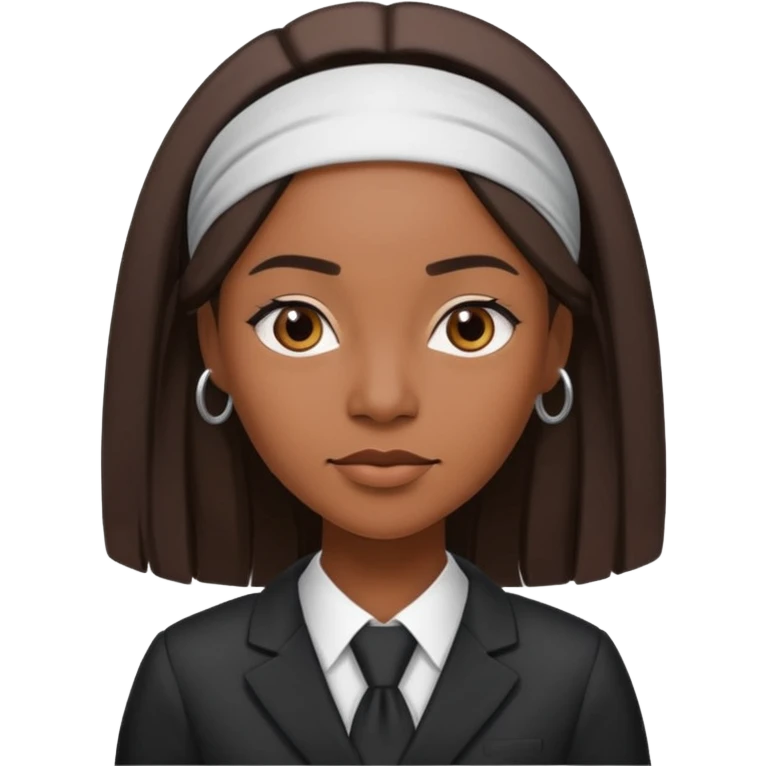 confident Black woman lawyer, 30, long straight hair, headband, sharp and strong personality emoji