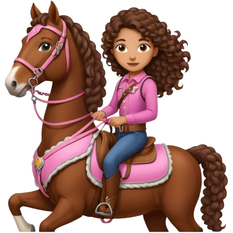 Realistic mixed race girl with long curly hair, riding a big draft horse, wearing pink harness and saddle  emoji