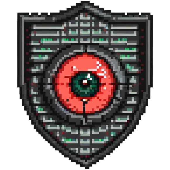 Shield badge with binary code pattern and a red warning eye symbol, cybersecurity expert emoji