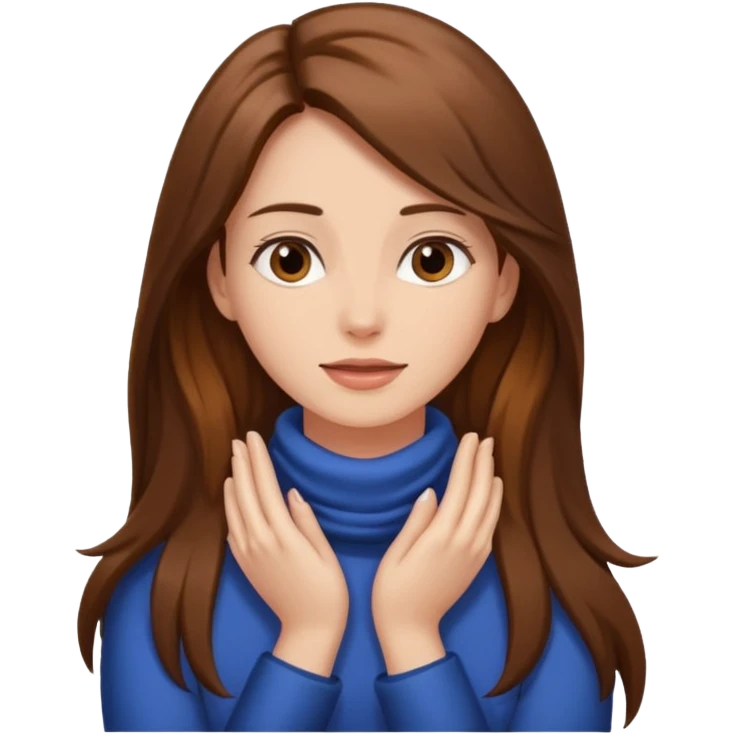 women with brown long hair with her hands around her neck. emoji