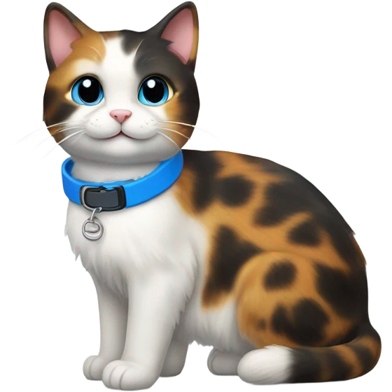happy cute tortoiseshell white cat with blue cat collar full body  from half side perspective  emoji