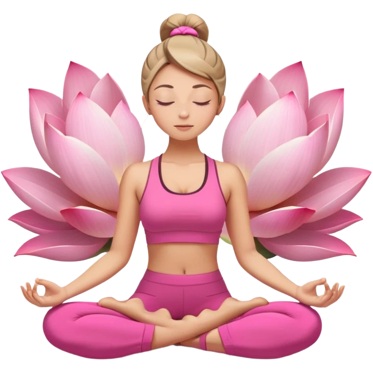 white woman with neat ponytail hairstyle, sitting in lotus position, meditating with closed eyes and serene expression, wearing pink yoga outfit emoji