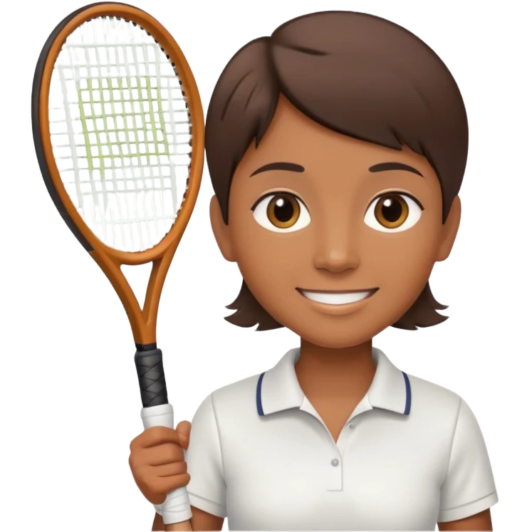 Chindian tennis coach, caramel brown skin, short straight hair, oval face, small eyes, smiling, holding a tennis racket emoji