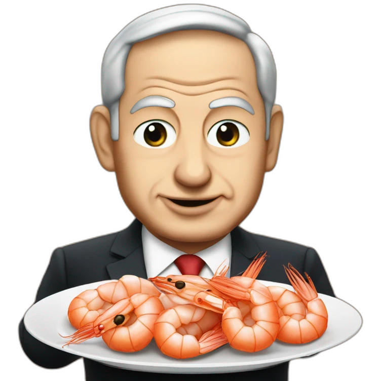 Benjamin Netanyahu, cigar in his mouth, holding a plate of shrimps emoji