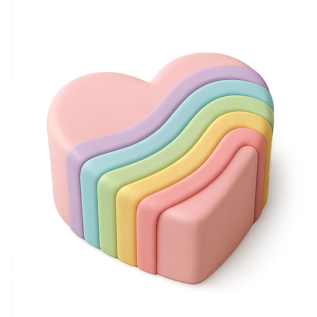 heart-shaped fondant cake with rainbow fondant stripes emoji