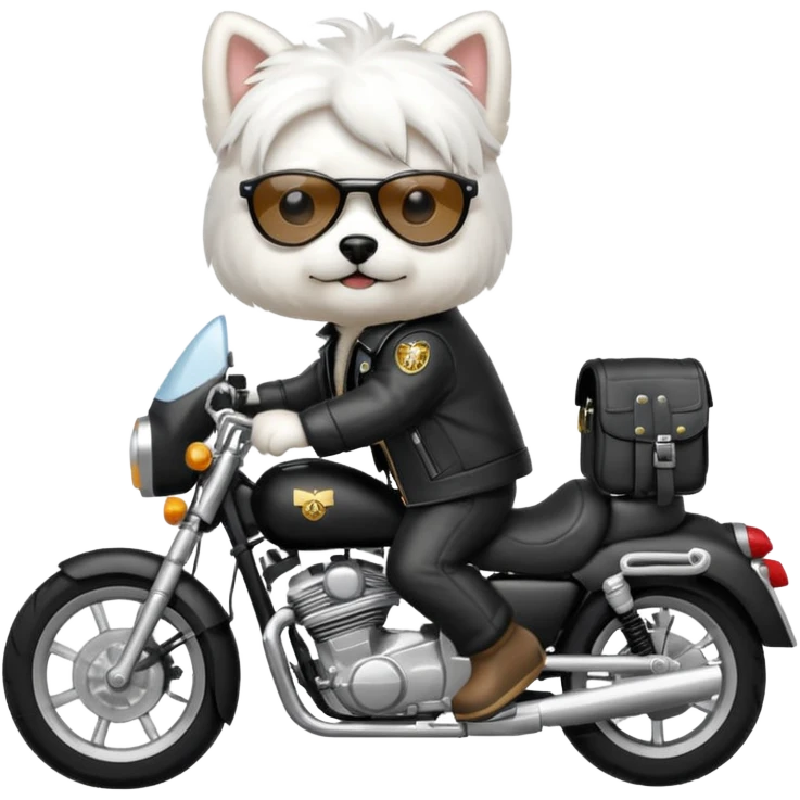 Maltese dog wearing a leather jacket and riding a motorcycle  emoji