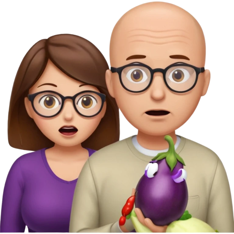 Woman with brown hair and huge boobs looks shocked at bald mand with glasses holding eggplant emoji