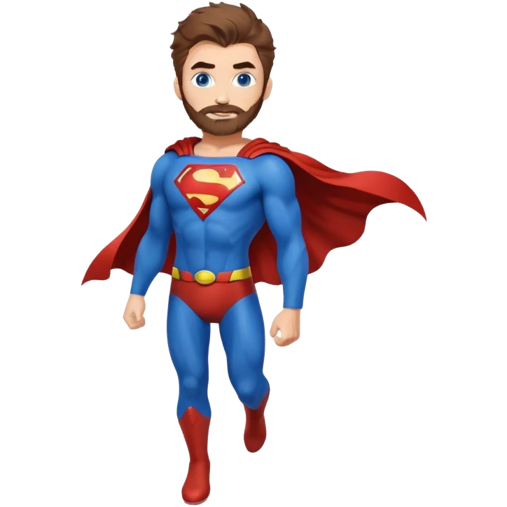 flying superman，full body, blue eyes, redish brownish messy hair, trimmed facial hair emoji