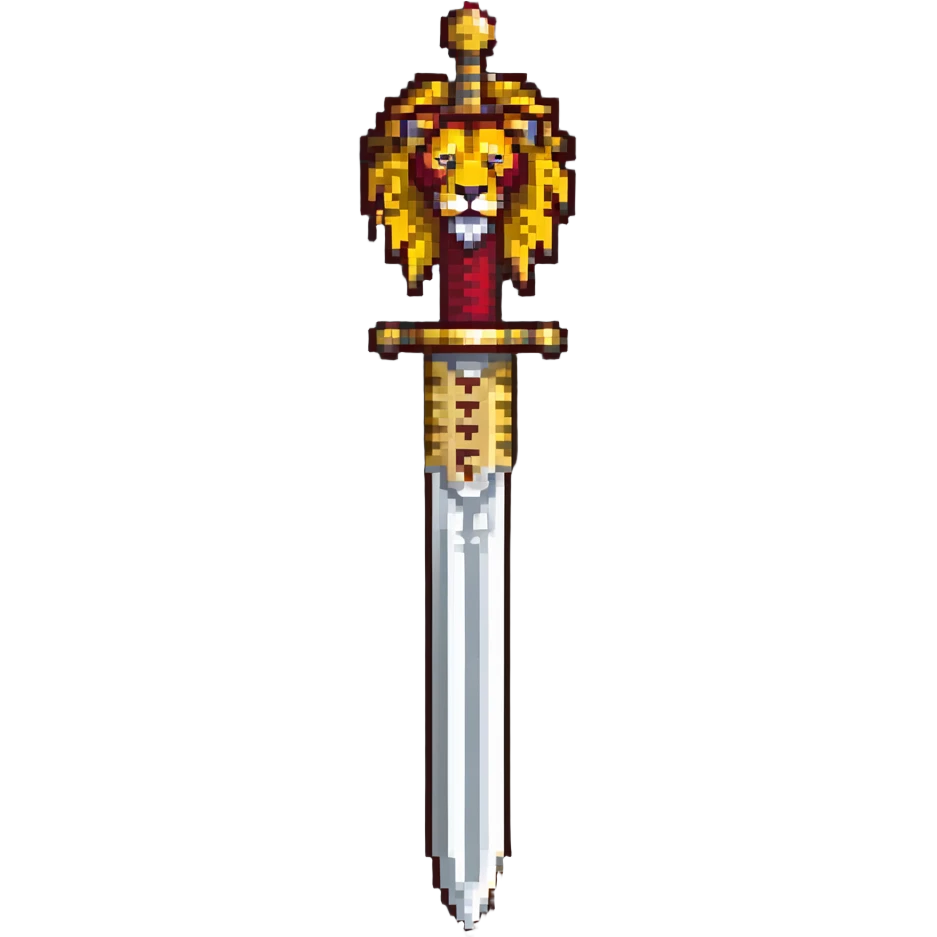 gold colored long sword with deep red handle and a gold lion on the end of the handle emoji