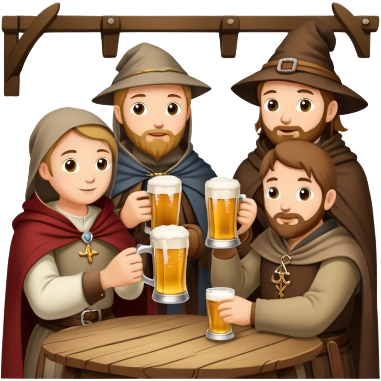medieval pilgrims with cloaks drinking beer at a tavern emoji