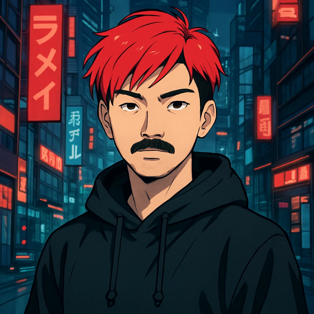 Asian man with black mustache, red hair, black hoodie, futuristic city background, Japanese cyberpunk anime style emoji