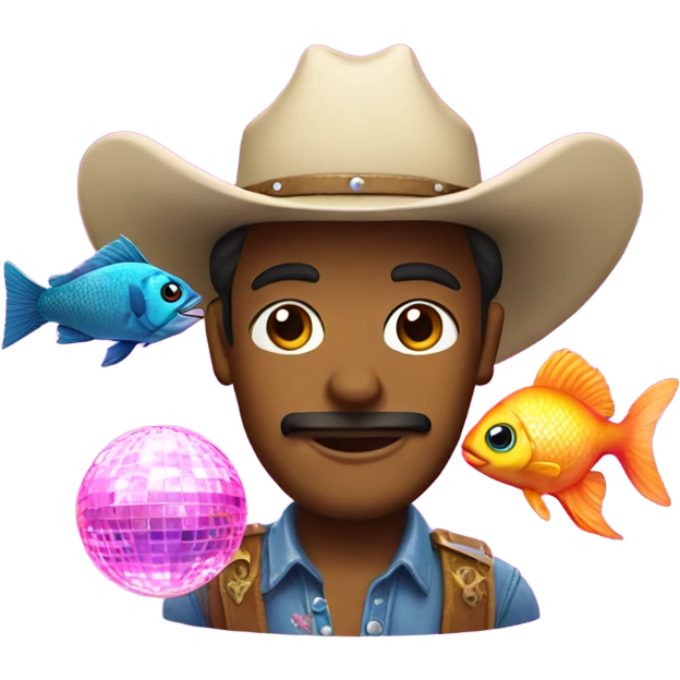 a cowboy with a pink hat and disco ball and a fish emoji