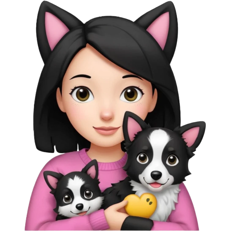 cheerful girl with side parted black hair shoulder length black eyes wearing pink sweater carrying black and white border collie with perked ears emoji style emoji