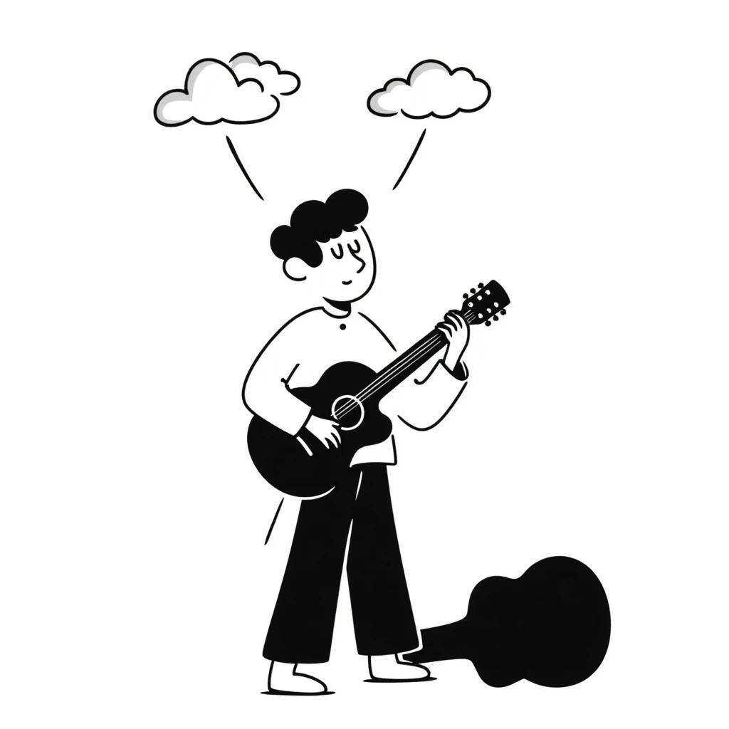 A musician playing guitar with head tilted up towards the sky, with clouds in the background, sad worried expression on face, concerned look, hoping for an opportunity emoji