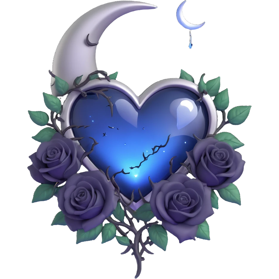 gothic heart with visible silver staples mending a crack, midnight blue glass, silver crescent moon, black roses, stardust, lightning, rain, fantasy style emoji