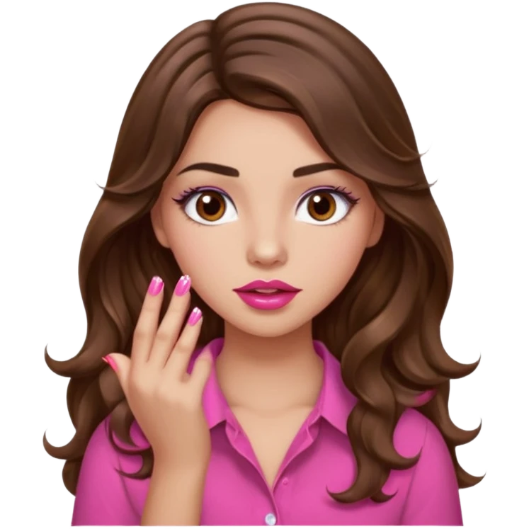 girl with long wavy brown hair, brown eyes, light to medium complexion, in a pink shirt, pink lips, long lashes, puckered lips, showing off painting nails emoji