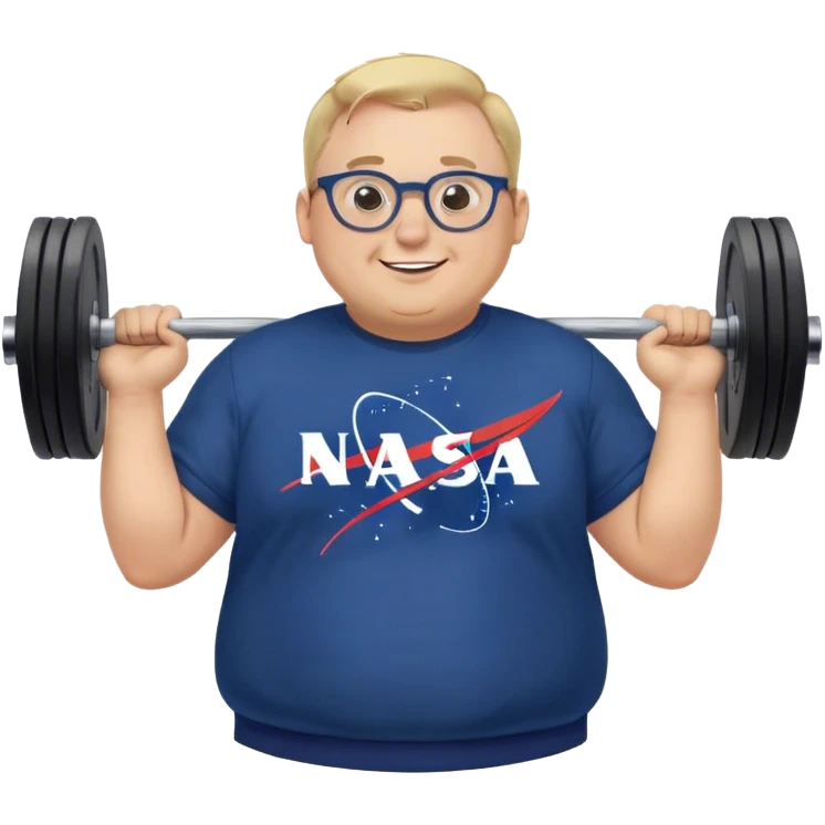 happy chubby man, lifts weights,  blond short and hight receding hairline, wearing a dark blue sweatshirt, nasa logo on the sweatshirt, round glasses without frame, 40 years old emoji