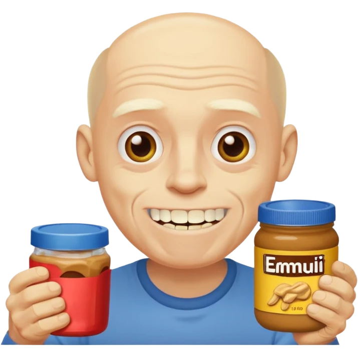 White man, barely any hair, lots and lots of wrinkles, bad yellow teeth, and peanut butter emoji