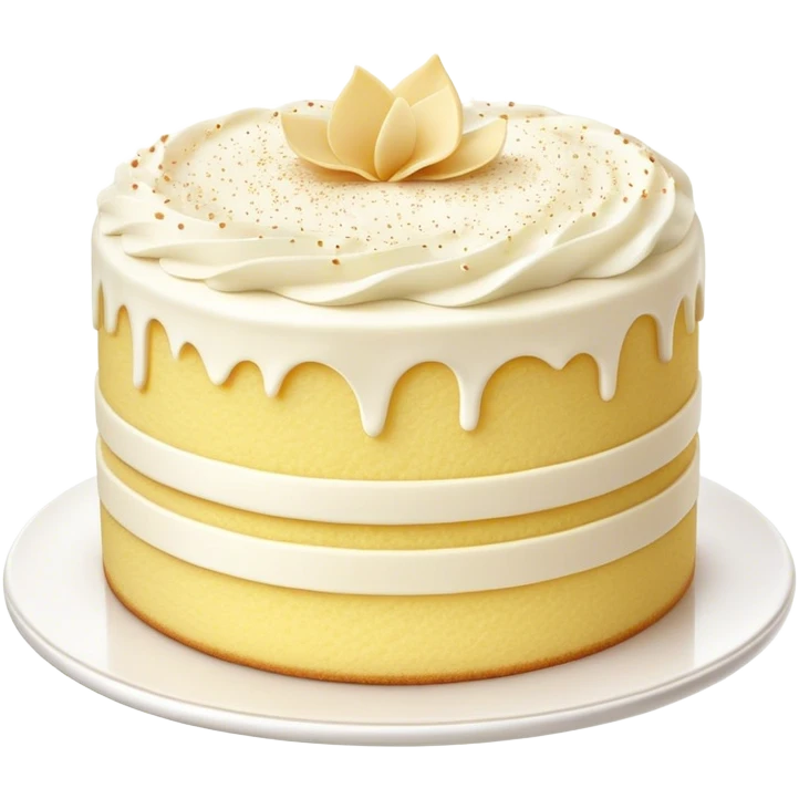 Cinematic Realistic Simple Vanilla Cake, a perfectly baked golden sponge with soft, airy layers, delicate vanilla frosting smoothly spread across the top, tiny flecks of vanilla bean visible, warm golden lighting creating depth, glowing with a sweet, irresistible charm. emoji