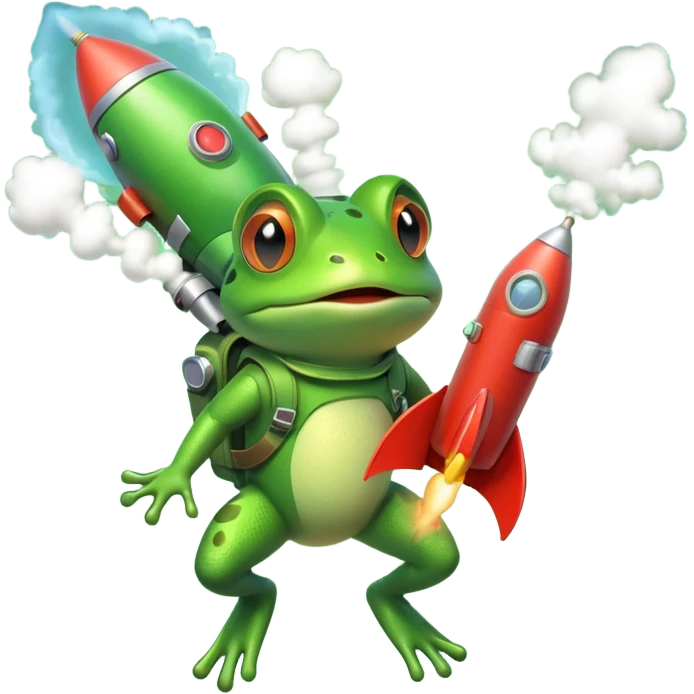 cute frog flying with a rocket pack, funny expression, rocket smoke trail, 3D cartoon, mobile game icon style, clean background, no text, no watermark emoji