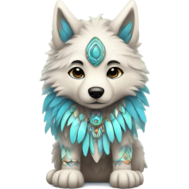 Fluffy Shy Colorful Chibi Spiritual Shamanic Wolf With Shiny Tribal Markings wearing feathers Full Body emoji