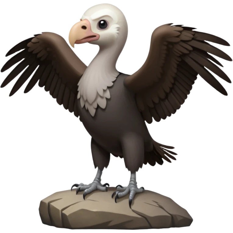 a vulture — large bird with dark brown feathers, bald WHİTE head, curved beak and sharp eyes — standing proudly on a rock — wings slightly open — realistic yet cute cartoon emoji look, clean lighting, soft shadows. emoji