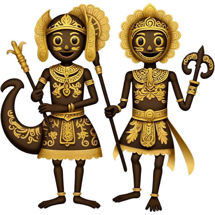 Cinematic Realistic Wayang Kulit Emoji, depicted as an intricate shadow puppet with detailed cut-out figures and traditional patterns, rendered with crisp textures and dynamic cultural lighting that captures its ancient artistry. emoji