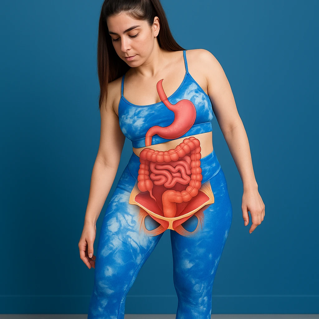 A slender woman in 4K in a physiotherapy studio, performing pelvic floor exercises, with an anatomical overlay highlighting the involved muscles and the position of the intestine, inspired by the reference photo. emoji