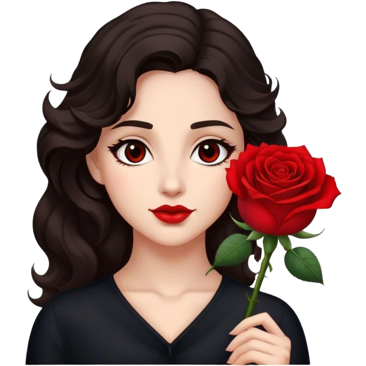 A woman with dark wavy hair, a single red rose behind one ear, and a confident gaze emoji