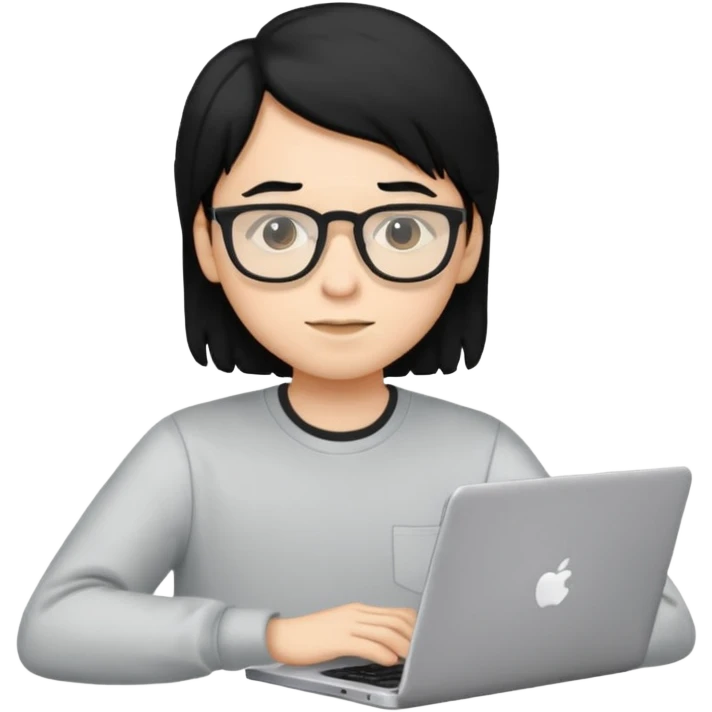 un estudiante con lentes y su laptop CON CAMISA MANGA LARGA Y CABELLO NEGRO emoji