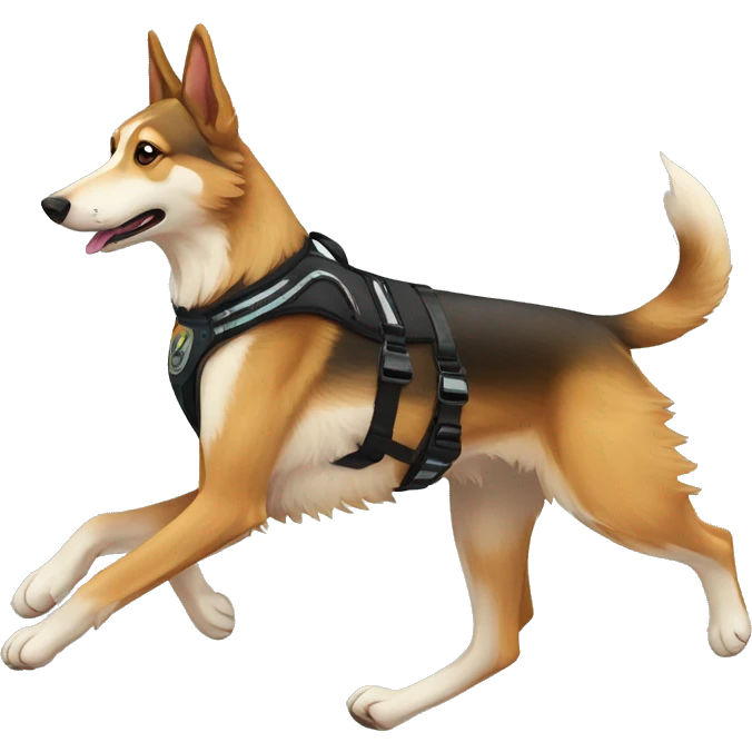  saluki German shepherd husky with tattoos and holographic harness running emoji