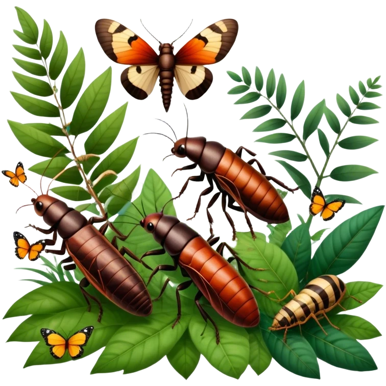 Close-up of giant Madagascar hissing cockroaches, butterflies, and stick insects in their natural habitat. The insects are shown in detail, highlighting their unique textures and colors, surrounded by plants and leaves. Soft lighting to enhance their features. Transparent background. emoji