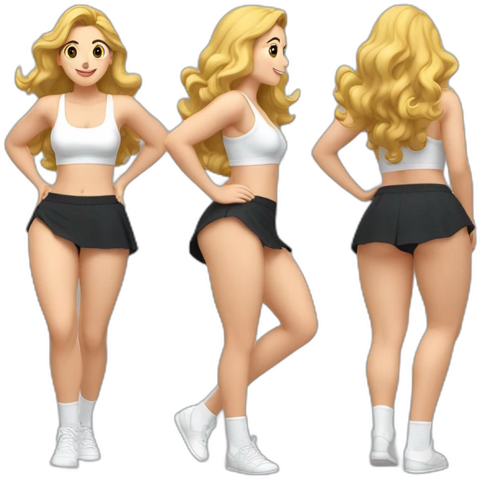 full-body-caucasian-curvy-beauty-jumping-short-black-skirt-back-and-front-views-strong-wind-white-knickers-long-white-socks emoji