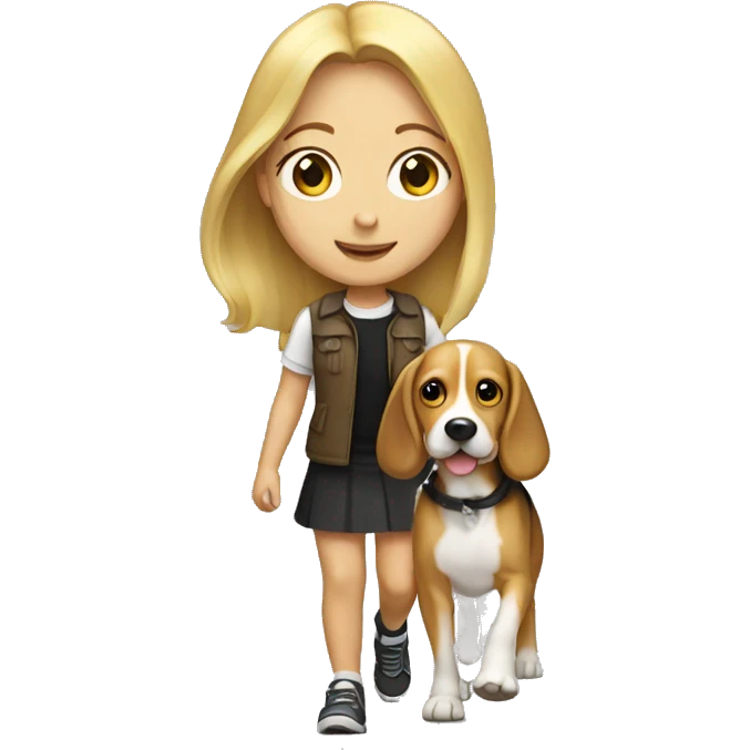 Blonde girl with long hair walking with a beagle emoji
