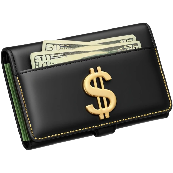 Rich emoji style black leather wallet with dollar bills, luxury money vibe, premium 3D emoji, ultra clean, high detail, no background
 emoji