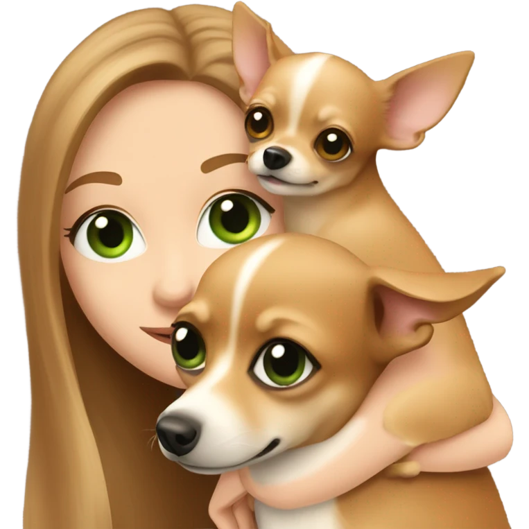 Long light brown hair, green eyes, caucasian lady hugging brown chihuahua with one ear folded emoji