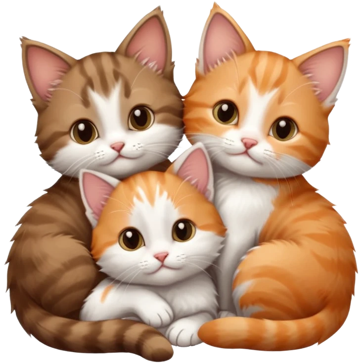 3 tiny kittens cuddling together all different colours, the first one is grey and white, the second is ginger and white and the third is brown tabby and white emoji