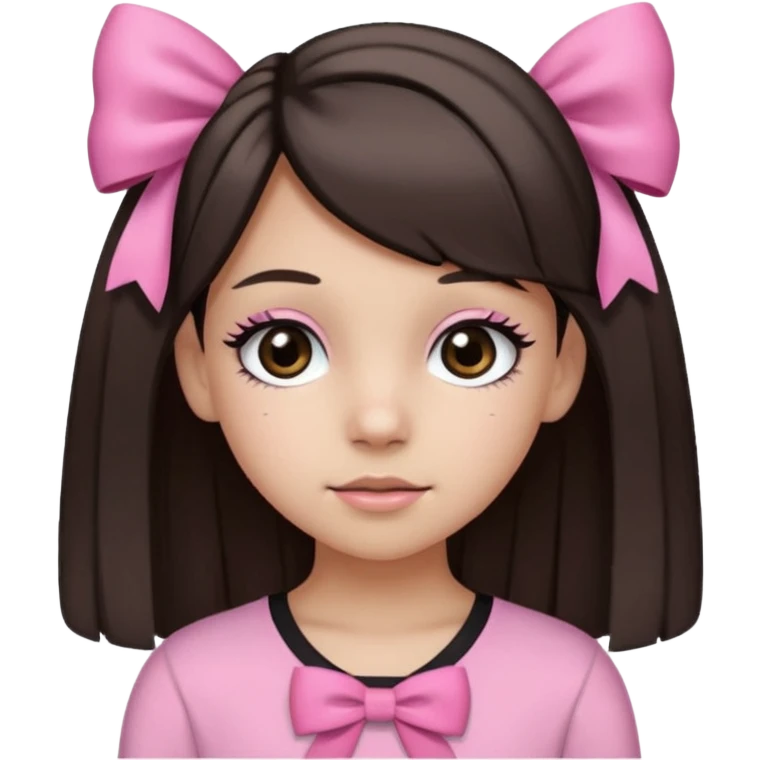 a 13 year old girl with black and brown hair with blond highlights. pink bows and pink outfit with long eyelashes and black eyes emoji