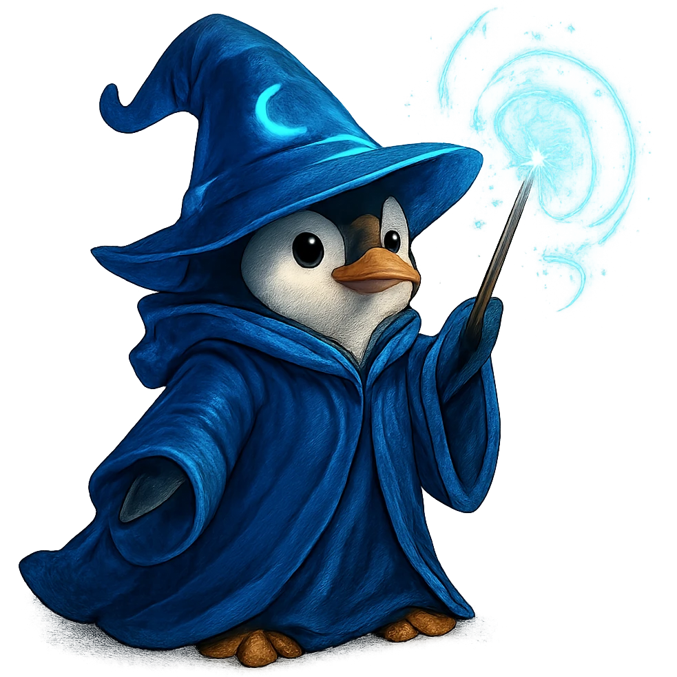 penguin wizard casting a spell wearing robe and hat with glowing effects emoji