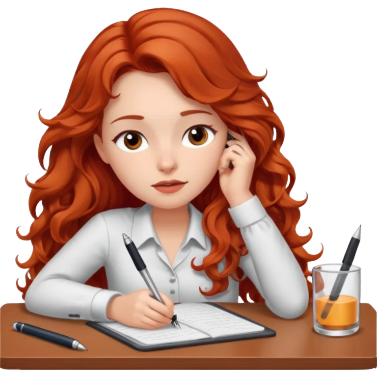 Pretty white model, brown eyes, soft long red wavy hair, falling asleep at desk emoji